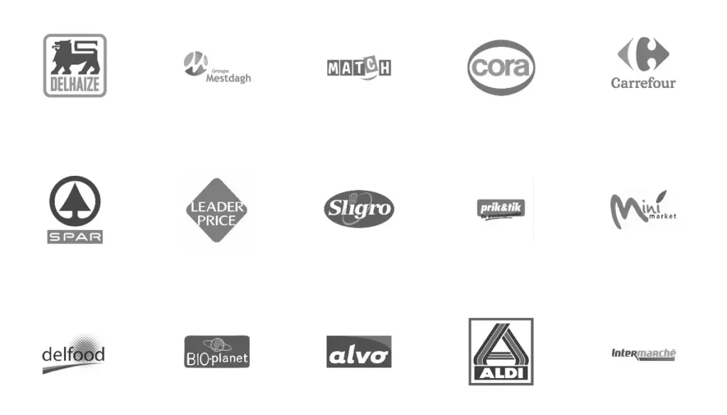 Détail de nos 15 principaux distributeurs : Delhaize, Mestdagh, Match, Cora, Carrefour, Spar, Leader Price, Sligro, Preik&Tik, Mini market, Delfood, Bio-planet, alvo, Aldi et Intermarché